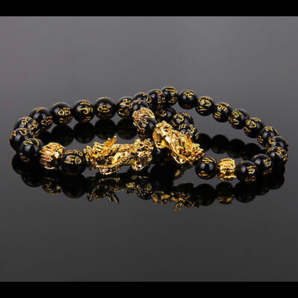 Feng Shui Green Onyx Black Obsidian Beads Wealth Golden Pixiu Lucky Braceletl - Picture 4 of 6